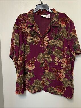 Alfred Dunner short sleeve Floral Burgundy blouse 24W Career Casual EUC Plus